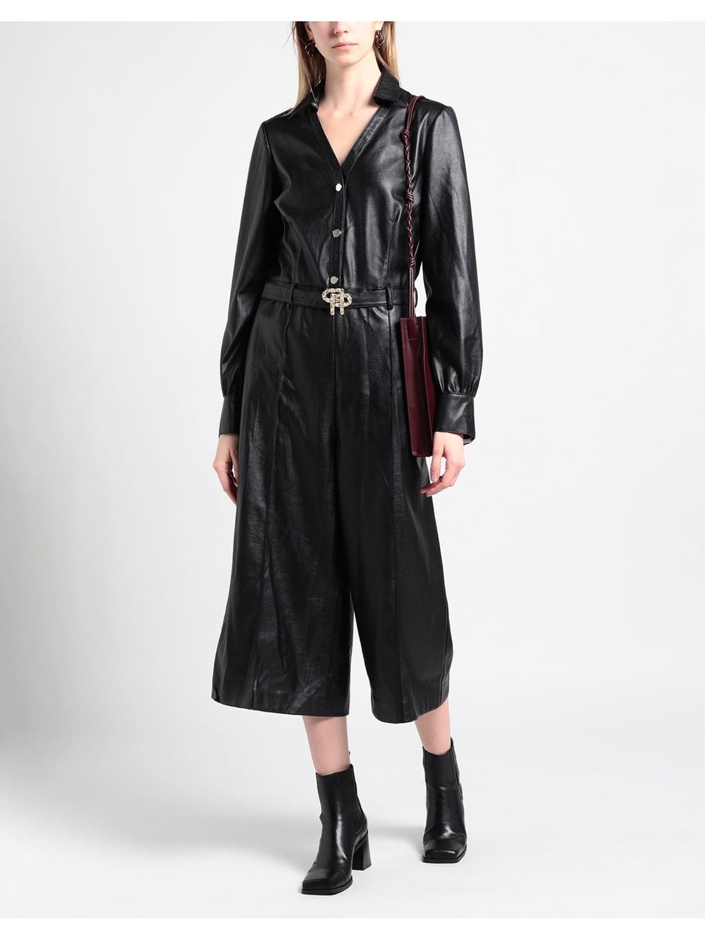 Pinko Black Faux-Leather Long-Sleeve Jumpsuit